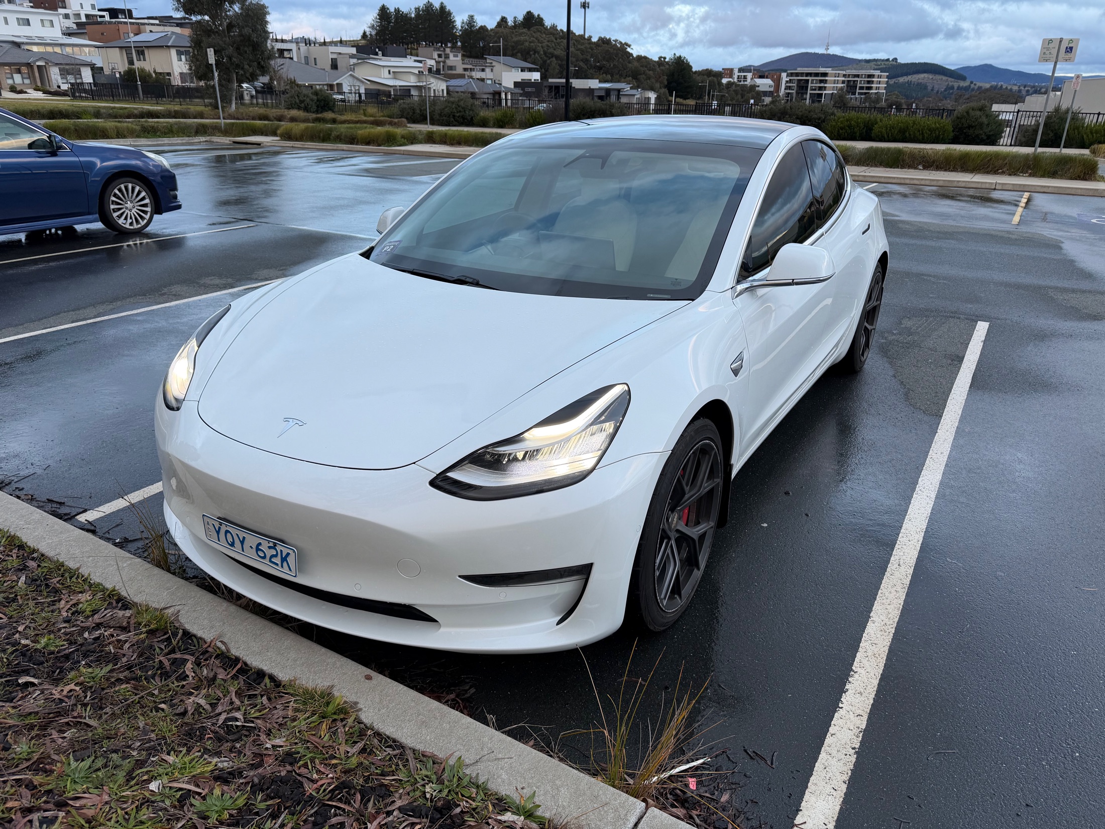 Front three-quarter view of the Tesla