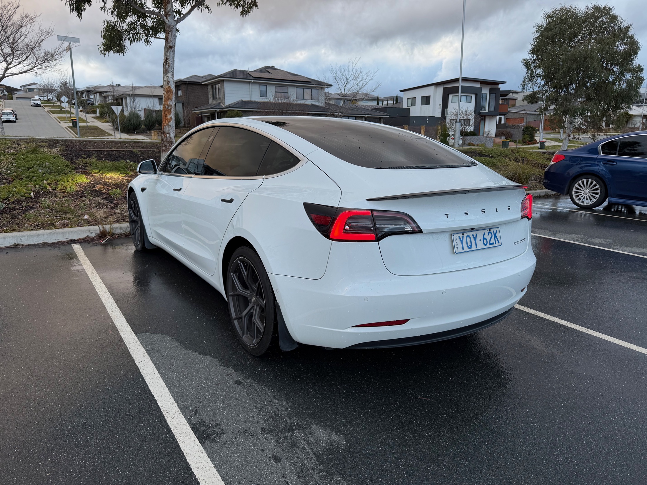 Rear three-quarter view of the Tesla